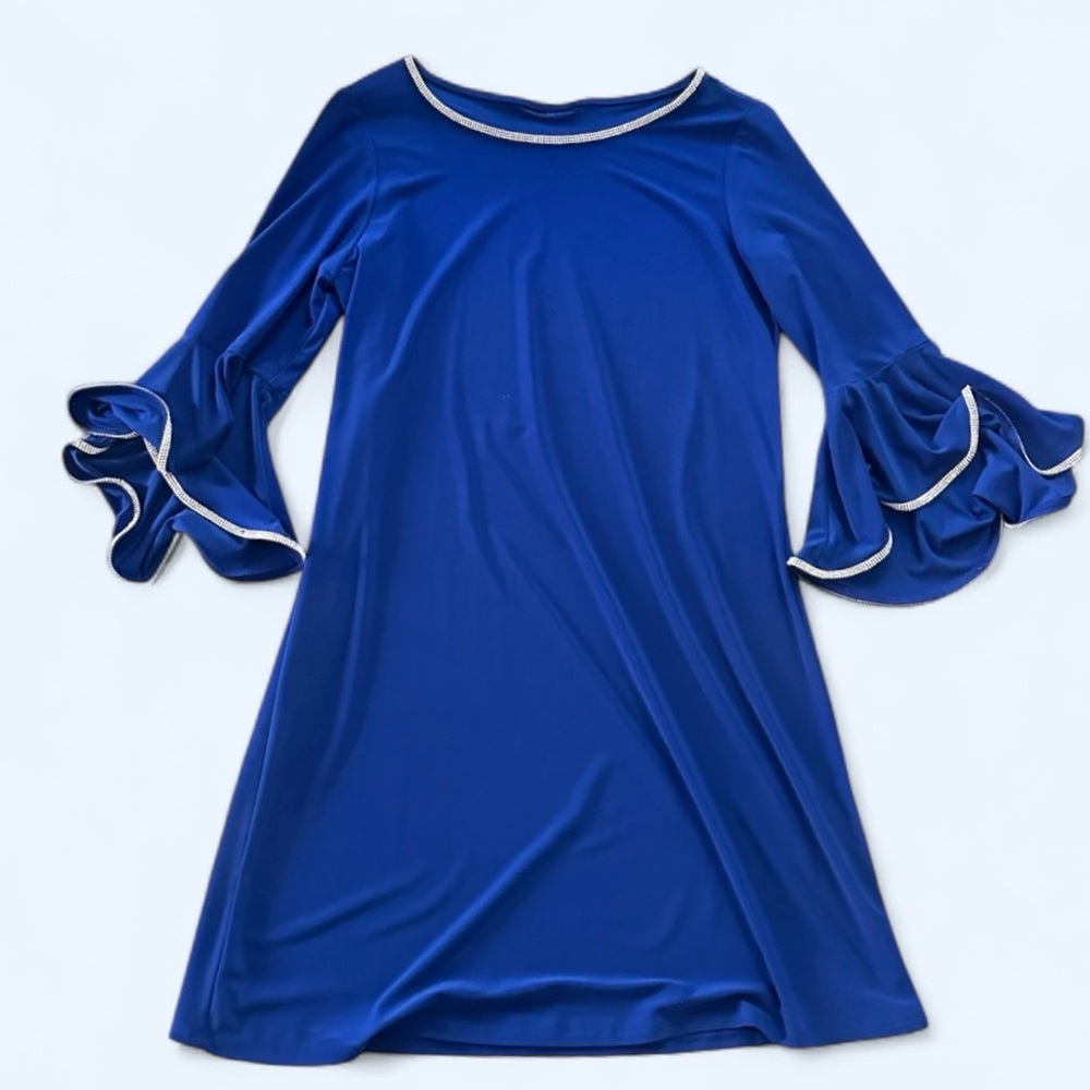 Vintage Blue Flare Ruffle Sleeved Dress with Rhinestone Trim Size M